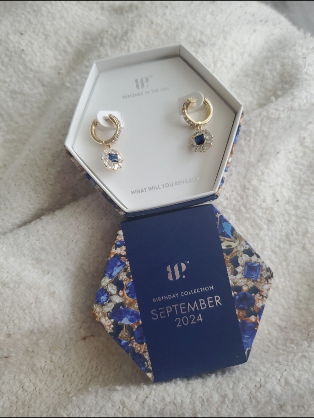 bp Gold Hoop Earrings with Blue Square Gem Drops